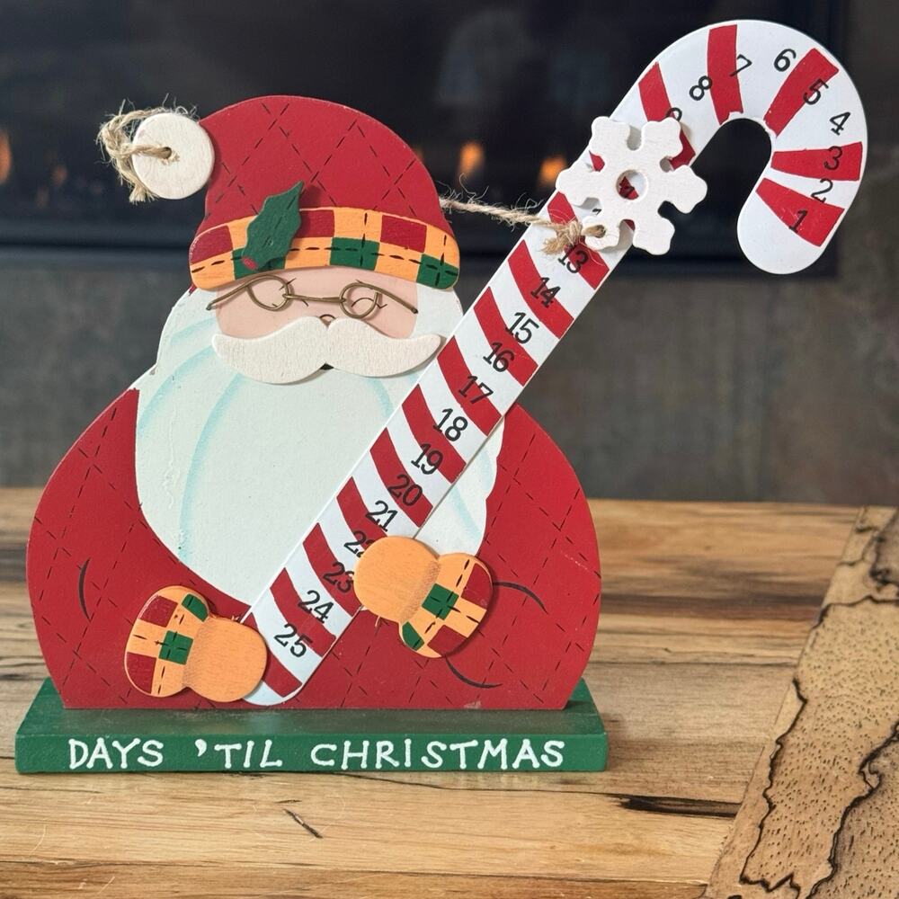 VTG Giftco Wooden Santa Christmas Countdown Advent Calendar Metal Candy Cane